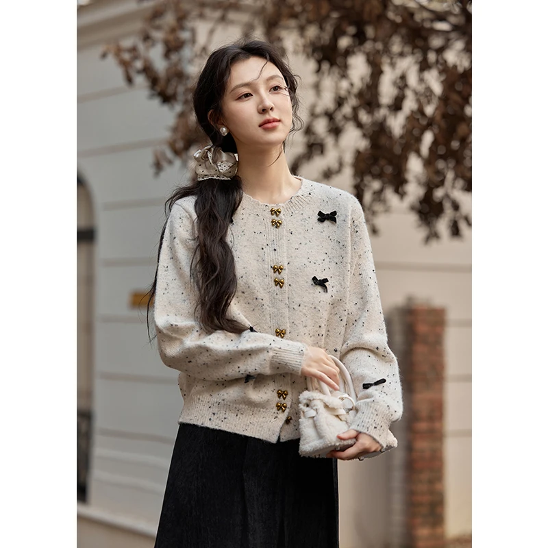 谜秀小香风蝴蝶结针织衫秋冬2024外套小众外搭毛衣开衫气质长袖