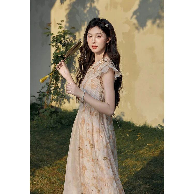 【年末大促】谜秀茶歇法式碎花小飞袖连衣裙复古收腰裙子MXD25L1798