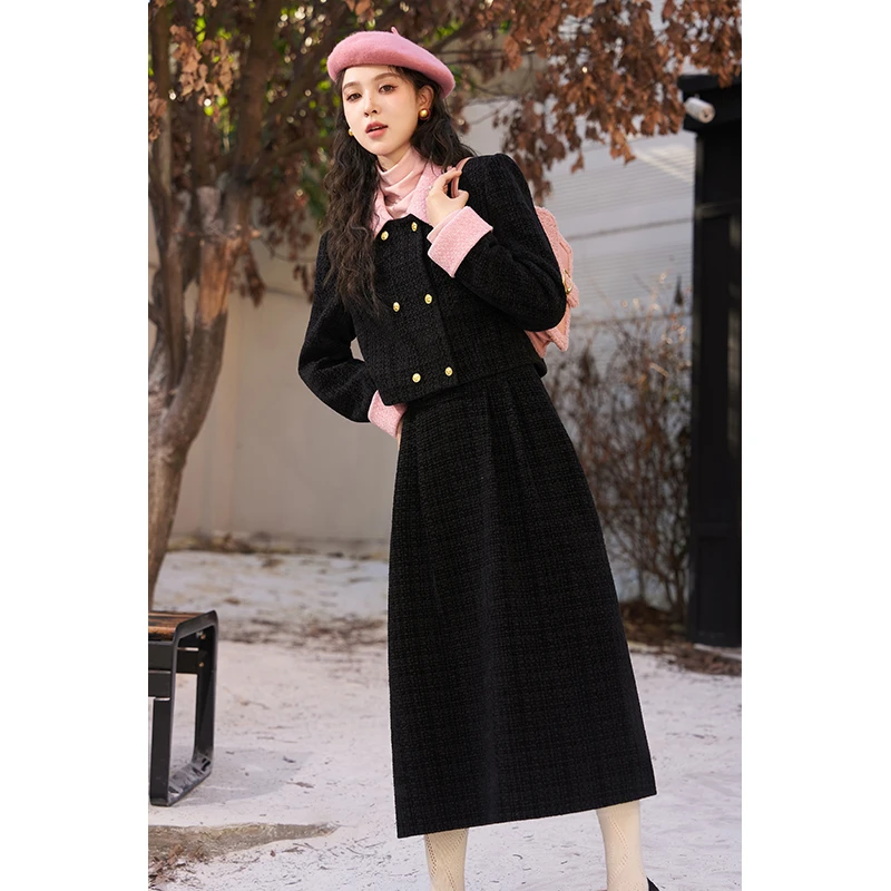 【年末大促】谜秀小香风拼色粗花呢短外套半身裙套装女秋冬季时尚气
