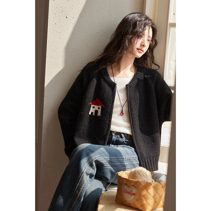 谜秀小个子软糯卡通小房子提花拉链毛衣开衫外套小香风春秋短款