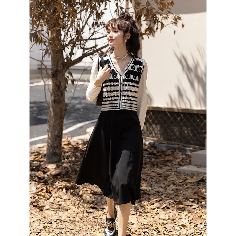 【年末大促】谜秀 女v领拼接假两件收腰显瘦长款裙春秋MXB31L1202