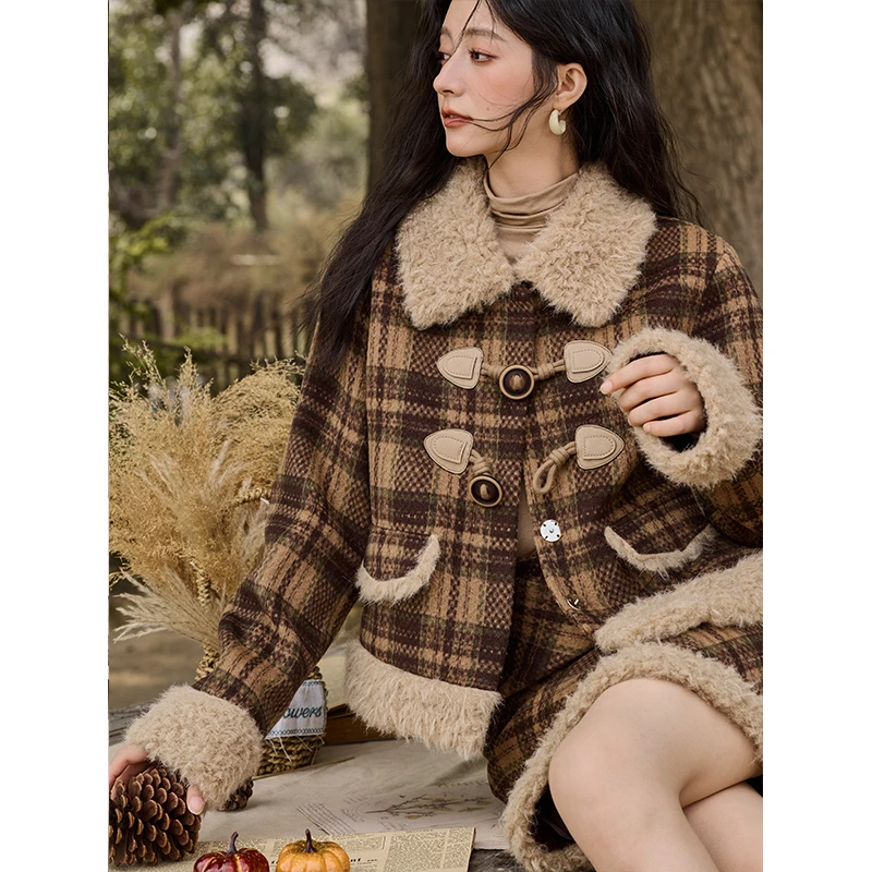 【年末大促】谜秀毛绒绒格子外套半身裙套装女冬季高级感气质两件套