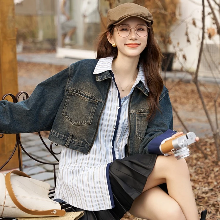 【年中大促】谜秀秋牛仔短外套女早秋港风复古设计感上衣春秋小个子