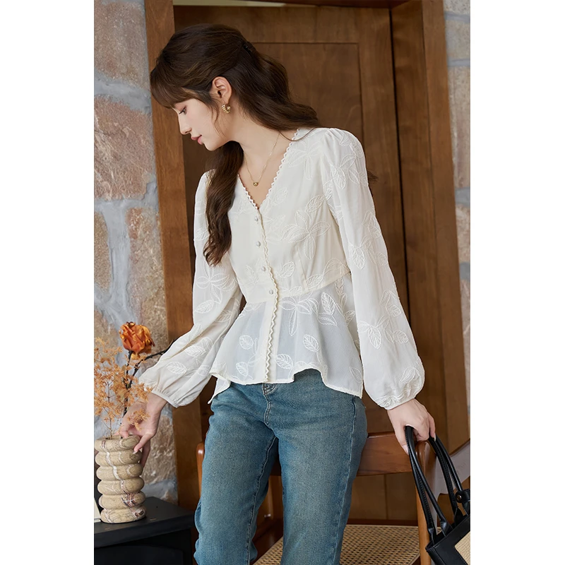 【年中大促】谜秀时尚法式复古2023泡泡袖气质宽松V领提花长袖百搭