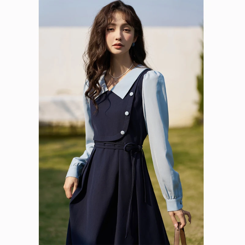 【反季大促】谜秀法式假两件连衣裙女春季复古显瘦收腰长袖裙时尚子