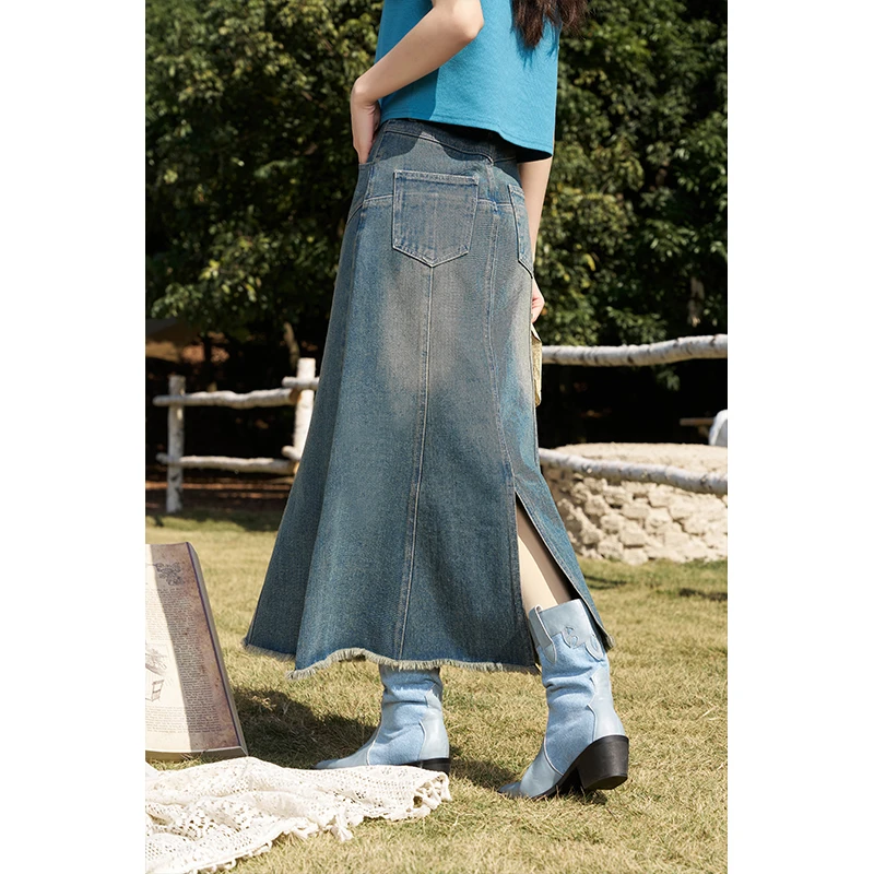 【年中大促】谜秀毛边牛仔半身裙高腰a字包臀鱼尾裙子显瘦半身裙