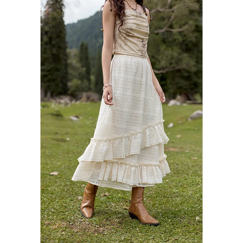 谜秀白色刺绣花边蛋糕裙女2024春秋高腰长款a字半身裙MPD44B0489