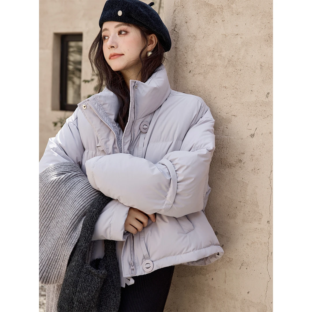 谜秀新品秋冬橘色针织帽短羽绒服女2024宽松韩版小个子白鸭绒外套