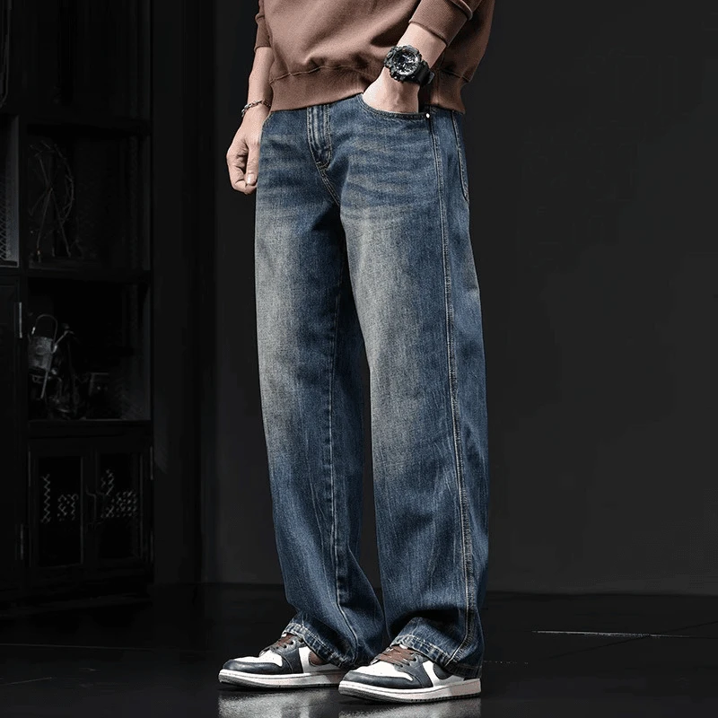 高档牛仔裤子大码休闲潮牌百搭美式高街宽松男士复古阔腿牛仔裤