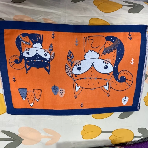 纯棉多层纱布枕巾48*74（-+5cm）【小狐狸-橘】两面双用