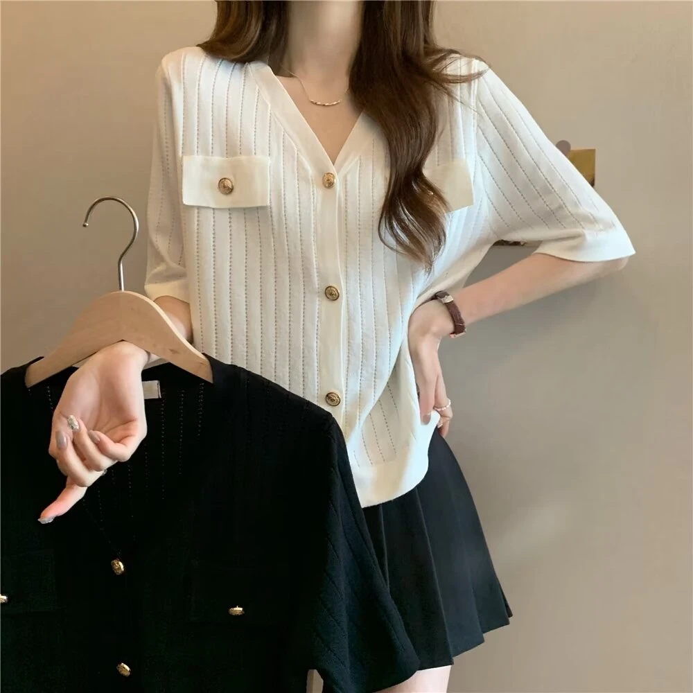 泡芙大码新款半袖小香风针织衫休闲百搭