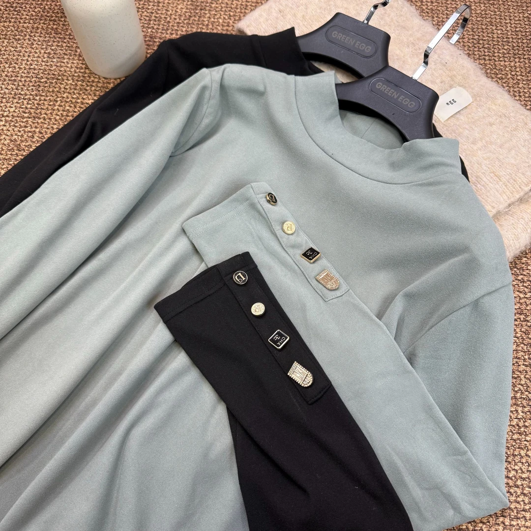 ◆内搭公式◆MJ237肉肉女孩休闲半高领长袖氛围感 纽扣遮肉内搭上衣