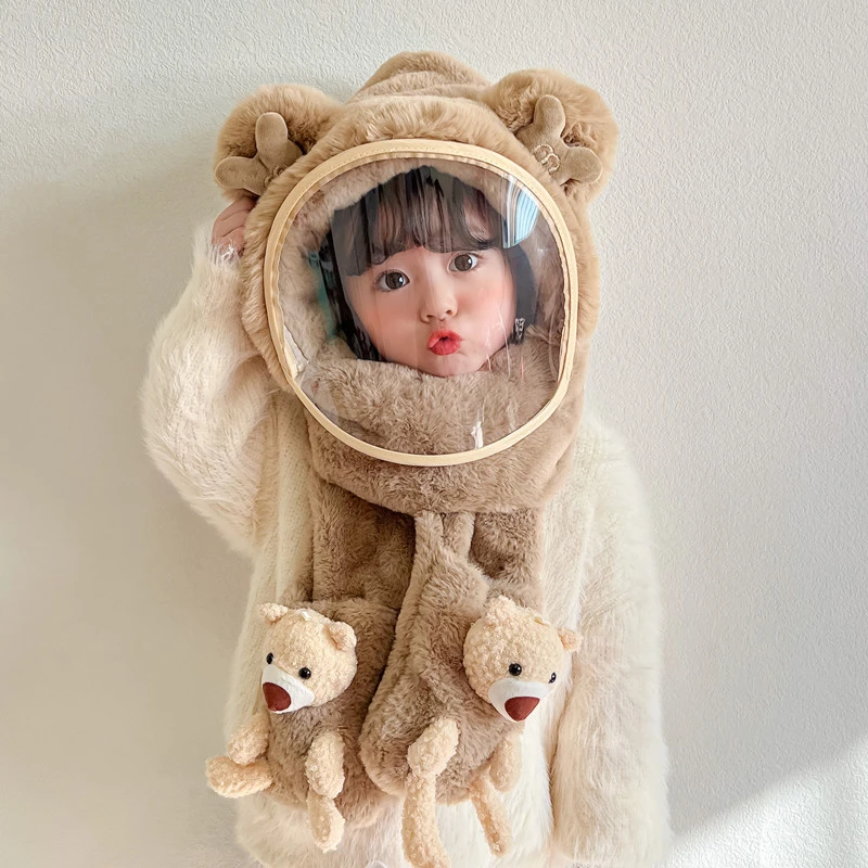 儿童冬季帽子新款男女童保暖骑车挡风帽子面罩幼儿围巾一体毛绒帽