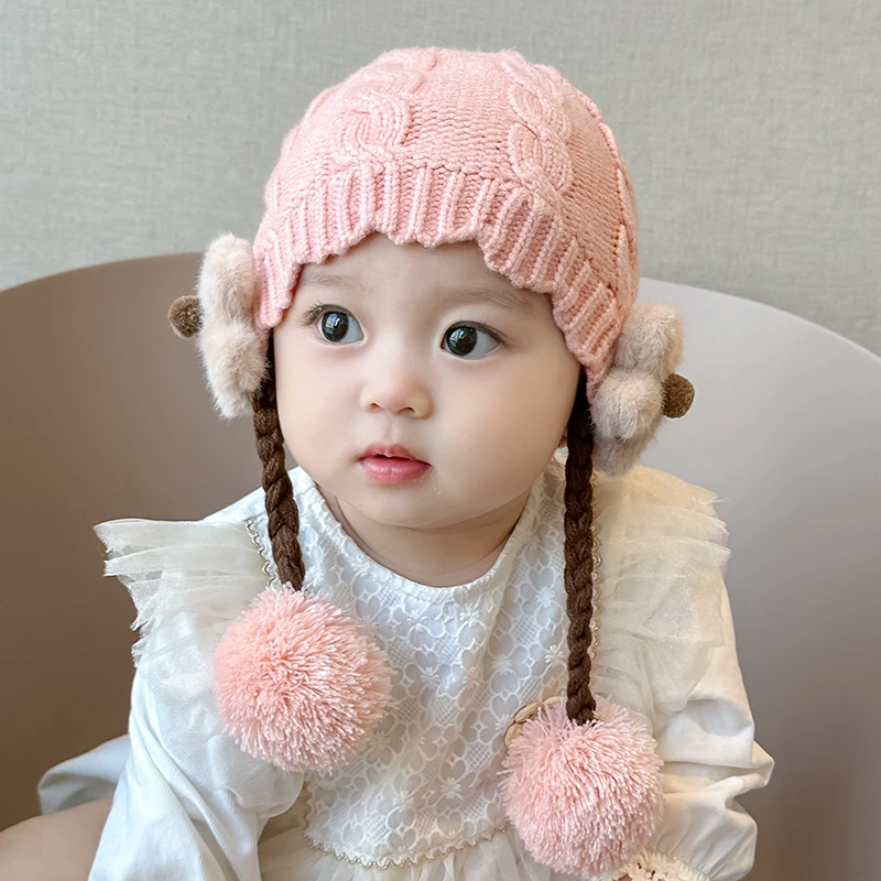 婴儿帽子女宝宝护耳毛线帽冬季可爱花朵女孩辫子婴幼儿针织保暖帽