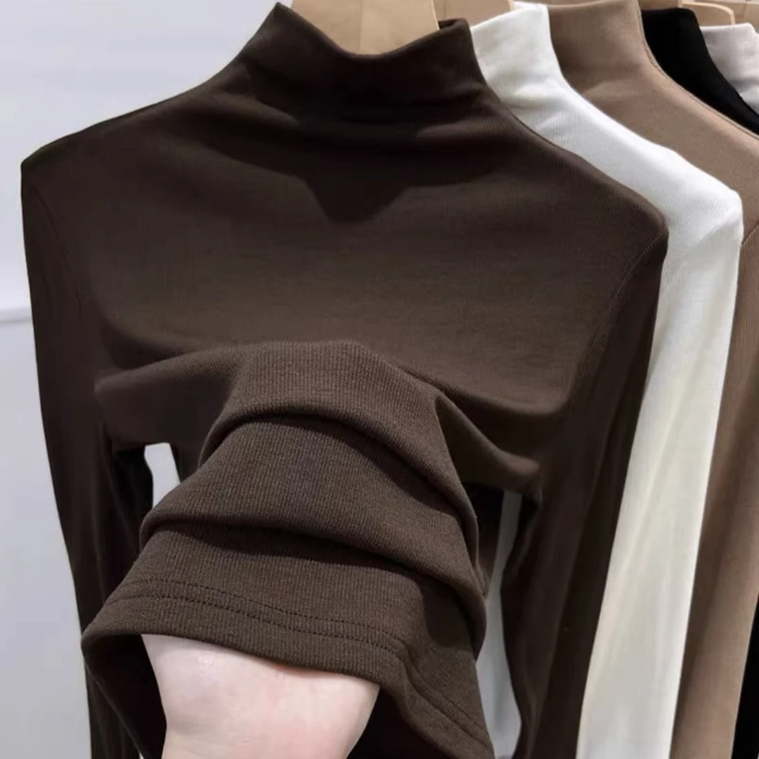高级感莫代尔半高领加绒打底衫女秋冬季内搭长袖2023女士保暖上衣