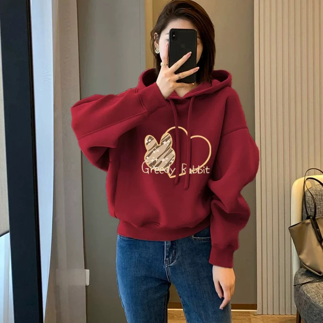 加绒加厚卫衣女新款秋冬季休闲韩版红色百搭显瘦洋气减龄连帽上衣