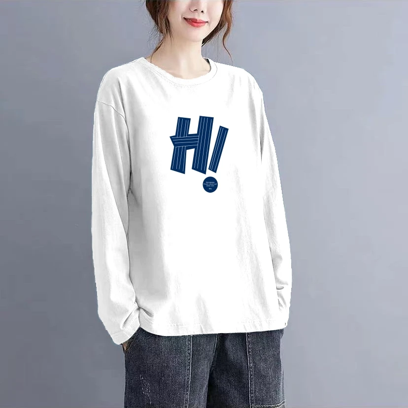 纯棉t恤女长袖秋装2023新款韩版内搭打底衫时尚印花圆领外穿上衣