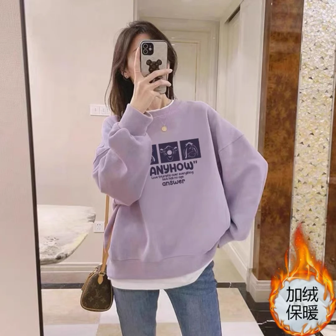 圆领卫衣女士秋冬季2025新款宽松大码胖mm加绒加厚上衣潮休闲外套