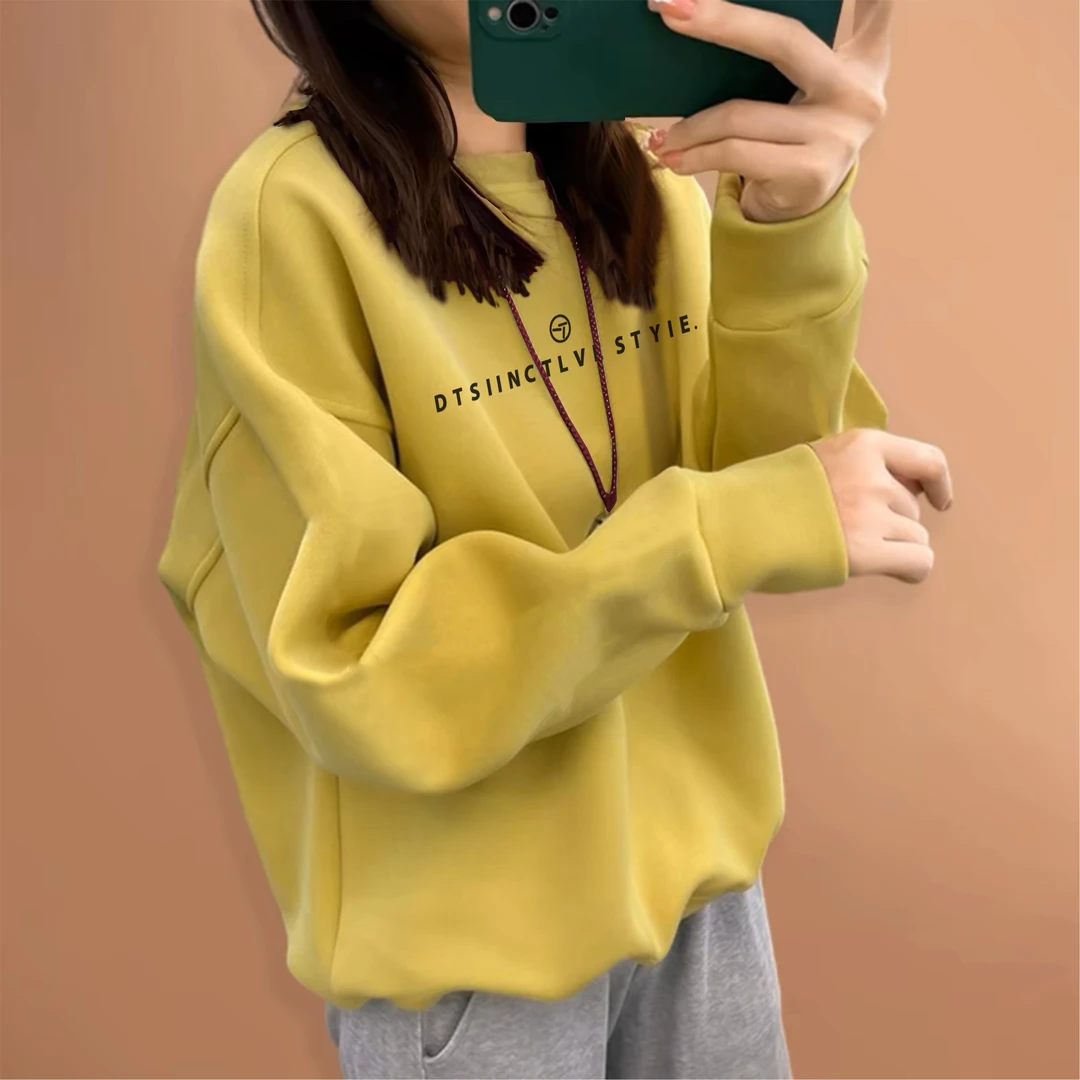 胖mm时尚百搭卫衣女秋冬季韩版宽松大码套头外套休闲圆领加绒上衣