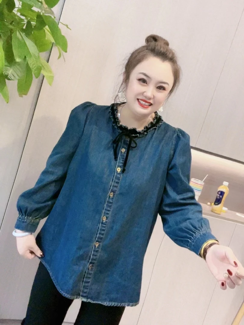 810丹姐家洋气别致法式木耳边系带蝴蝶结牛仔衬衫女