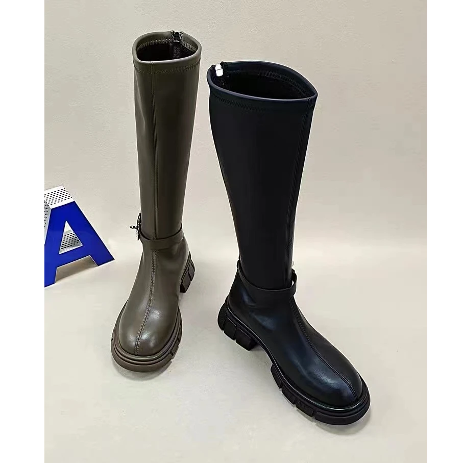 22901（丹姐家）高筒靴新款圆头厚底英伦长筒冬季加绒扣带长靴