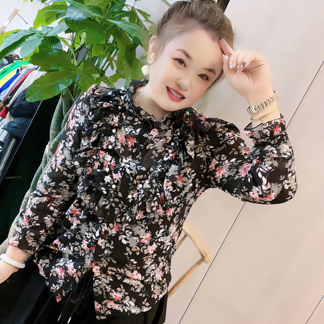 3331（丹姐家）新款韩版立领木耳边钉珠碎花时尚百搭洋气衬衫女