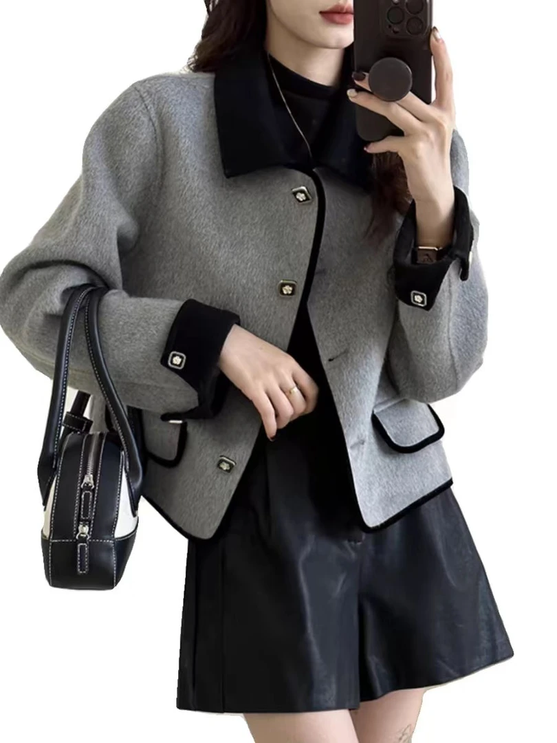 新款小香风双面呢绵羊毛大衣短款毛呢子外套毛呢大衣气质时尚百搭