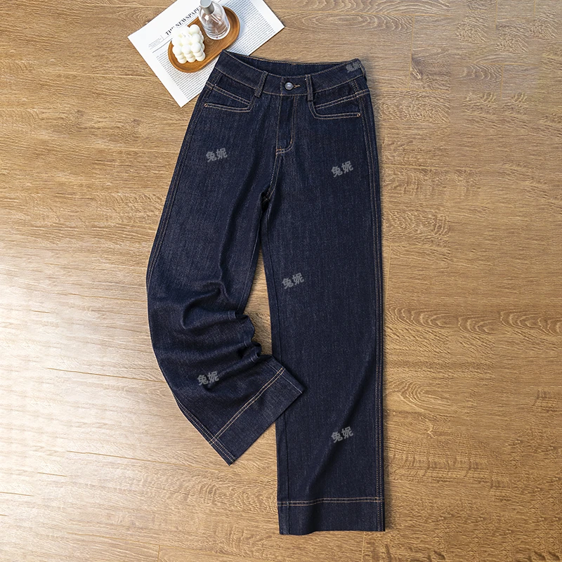 丹宁蓝软牛仔裤阔腿裤女秋新款高腰秋季秋季新款直筒裤子女2583-3