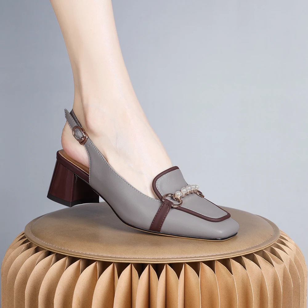 妮彩诗2023法式凉鞋夏季后空高跟鞋女气质米灰色复古凉鞋 6405