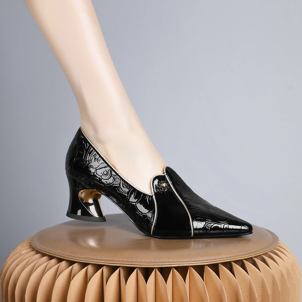妮彩诗2024年新款欧美单鞋真皮优雅黑色通勤职业气质女鞋尖头1792