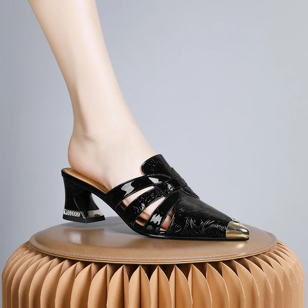 妮彩诗2024新款欧美穆勒半拖复古编织真皮包头半拖女优雅粗跟2038
