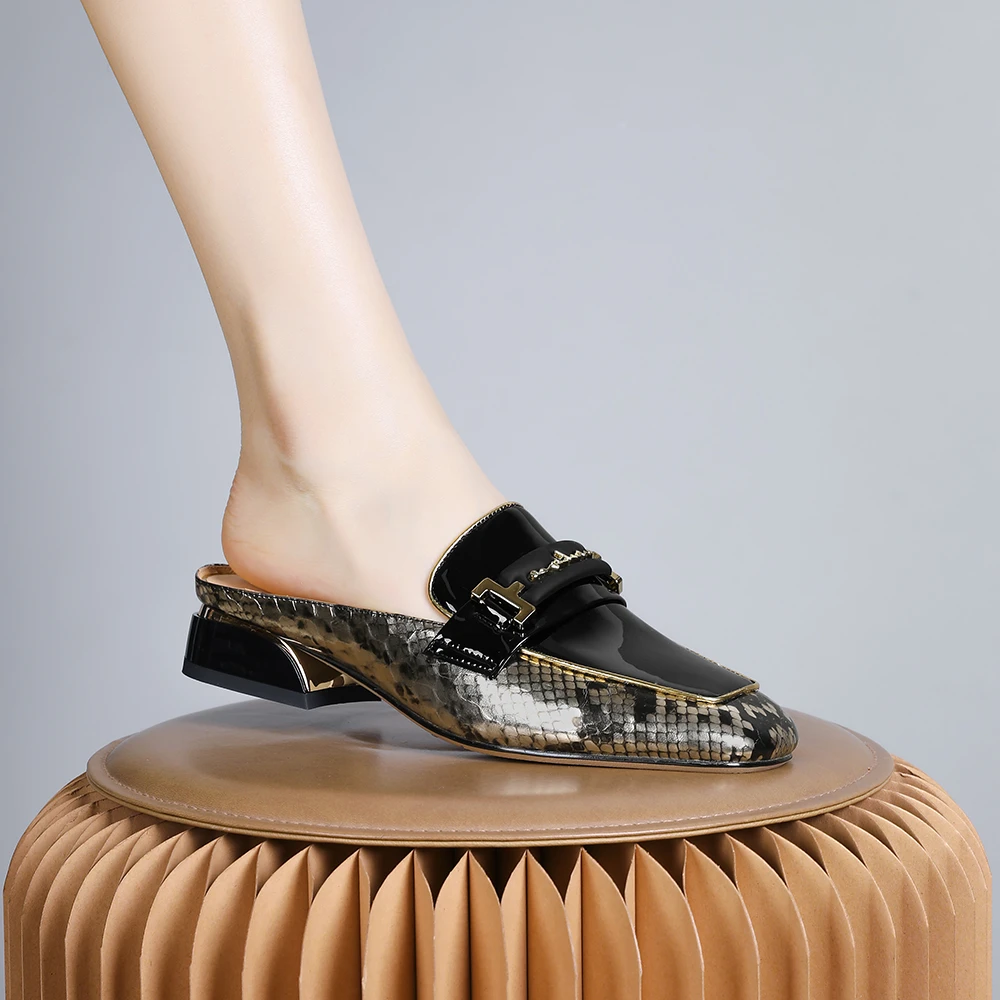 妮彩诗2024新款欧美高质感复古方头懒人包头拖鞋优雅粗跟透气2051