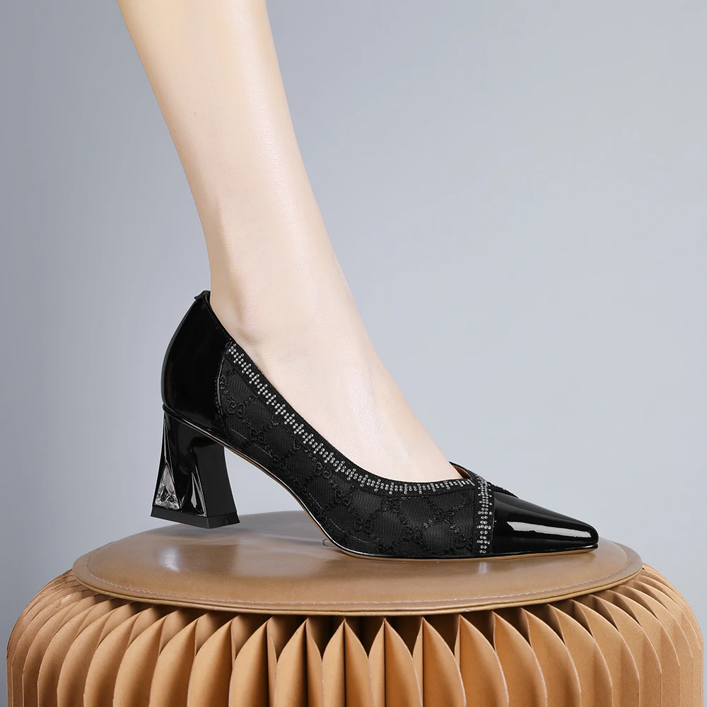 妮彩诗2024年新款欧美性感蕾丝单鞋水钻优雅气质洋气女鞋百搭1612