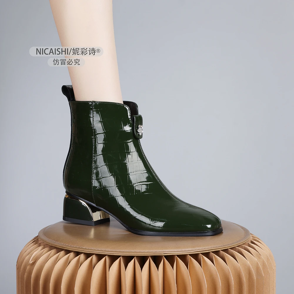 2024年新款欧美加绒短靴女时尚保暖粗跟女鞋侧拉链优雅女靴子0645