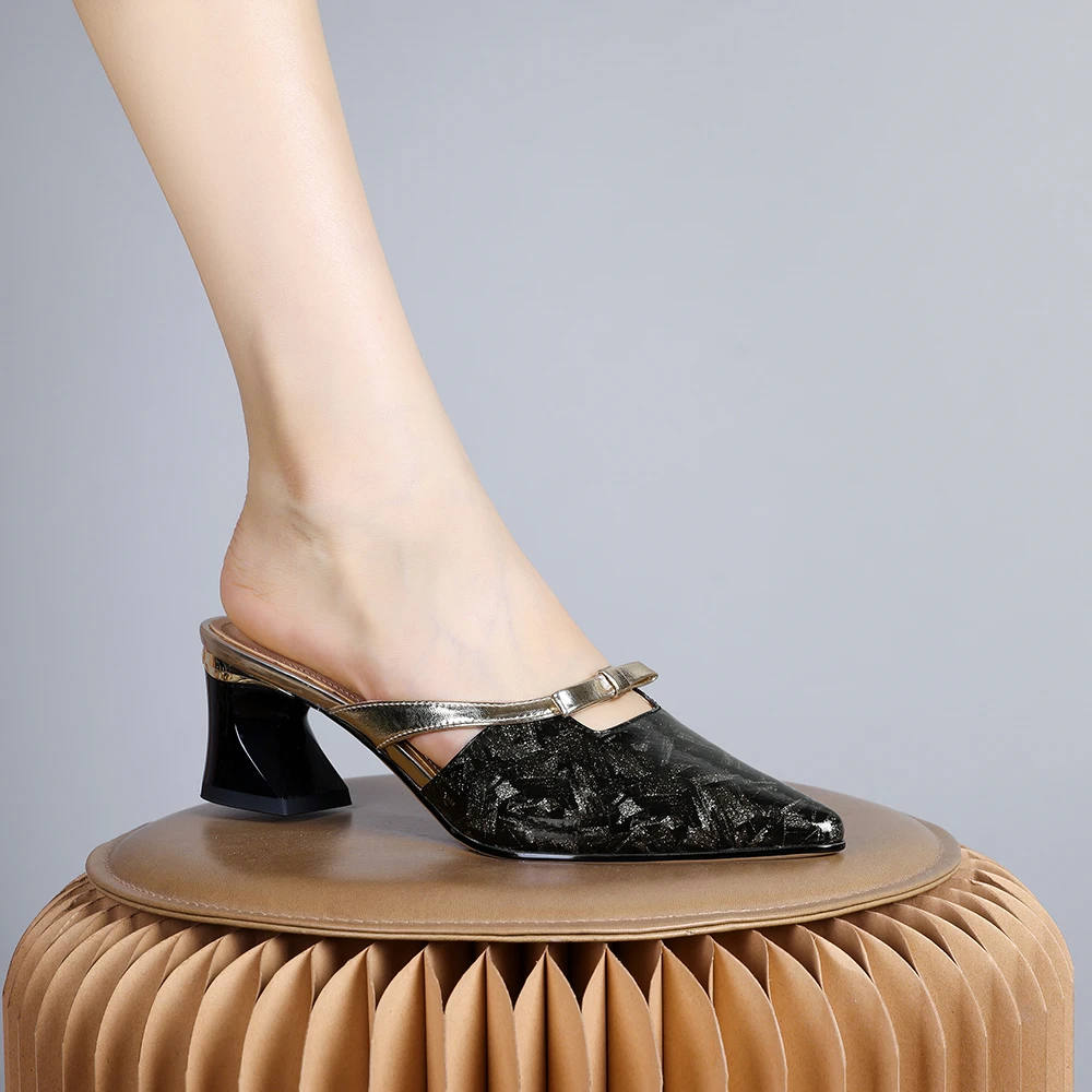 2024年新款欧美手工制外穿舒适百搭粗跟包头懒人鞋时尚凉拖鞋0008