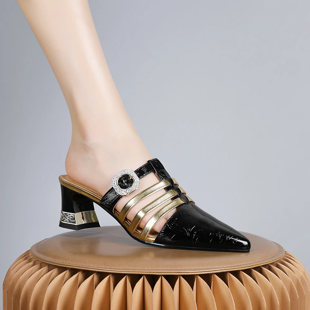 妮彩诗2024新款欧美风穆勒拖女小众时尚复古包头拖鞋粗跟优雅1960