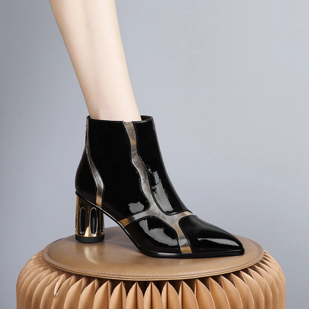 2024年新款欧美设计感高级感复古拼接百搭短靴女优雅气质绒里0304