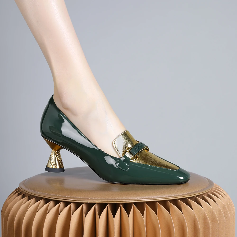 妮彩诗2024年新款欧美设计高级感墨绿色单鞋浅口气质优雅女鞋1476
