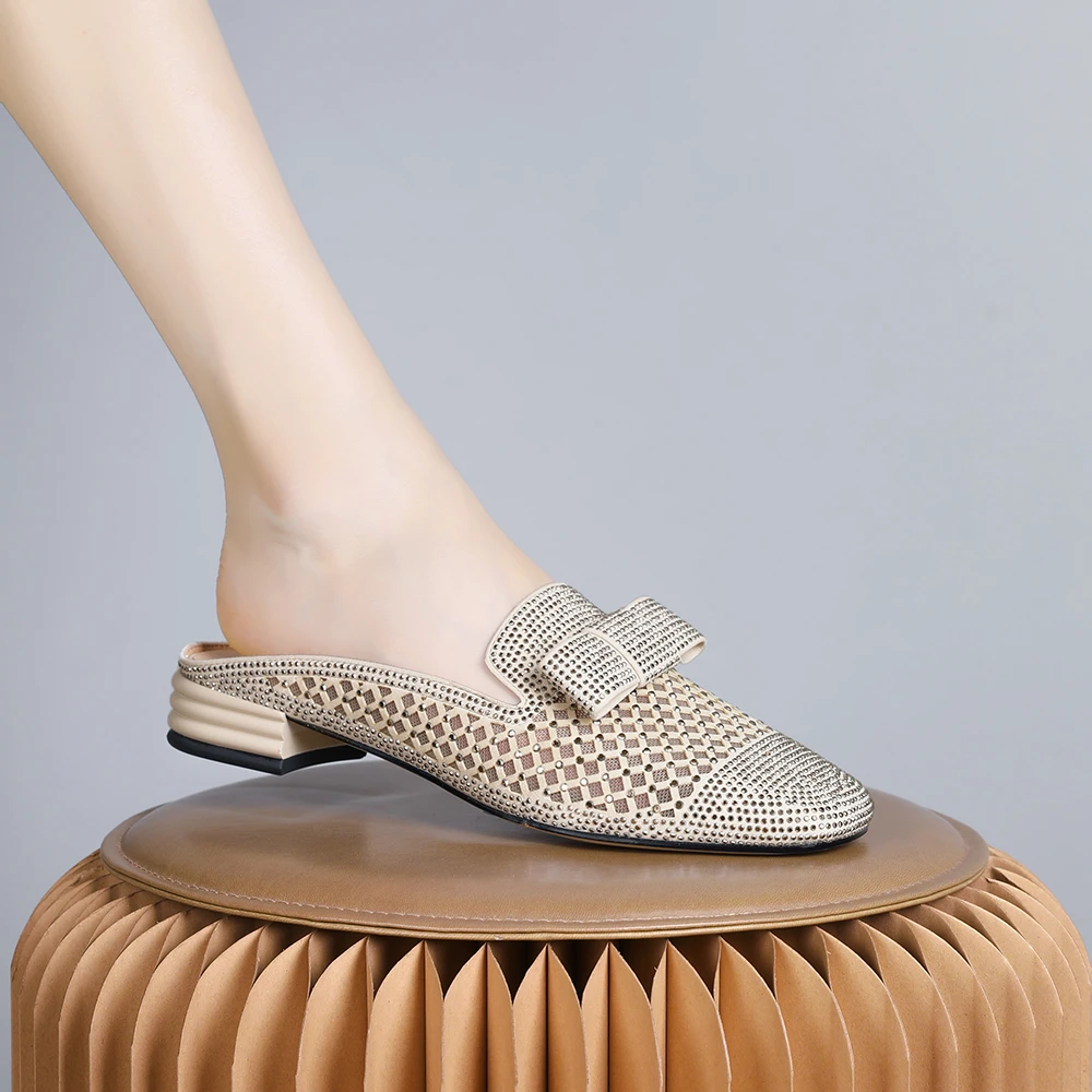 妮彩诗2024年新款欧美小众设计感镂空方头女鞋懒人拖透气气质1913
