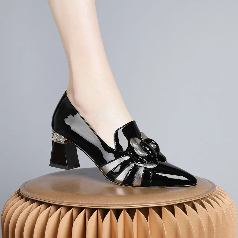 妮彩诗2024年新款欧美女鞋质百搭单鞋气质一脚蹬黑色粗跟简约1393