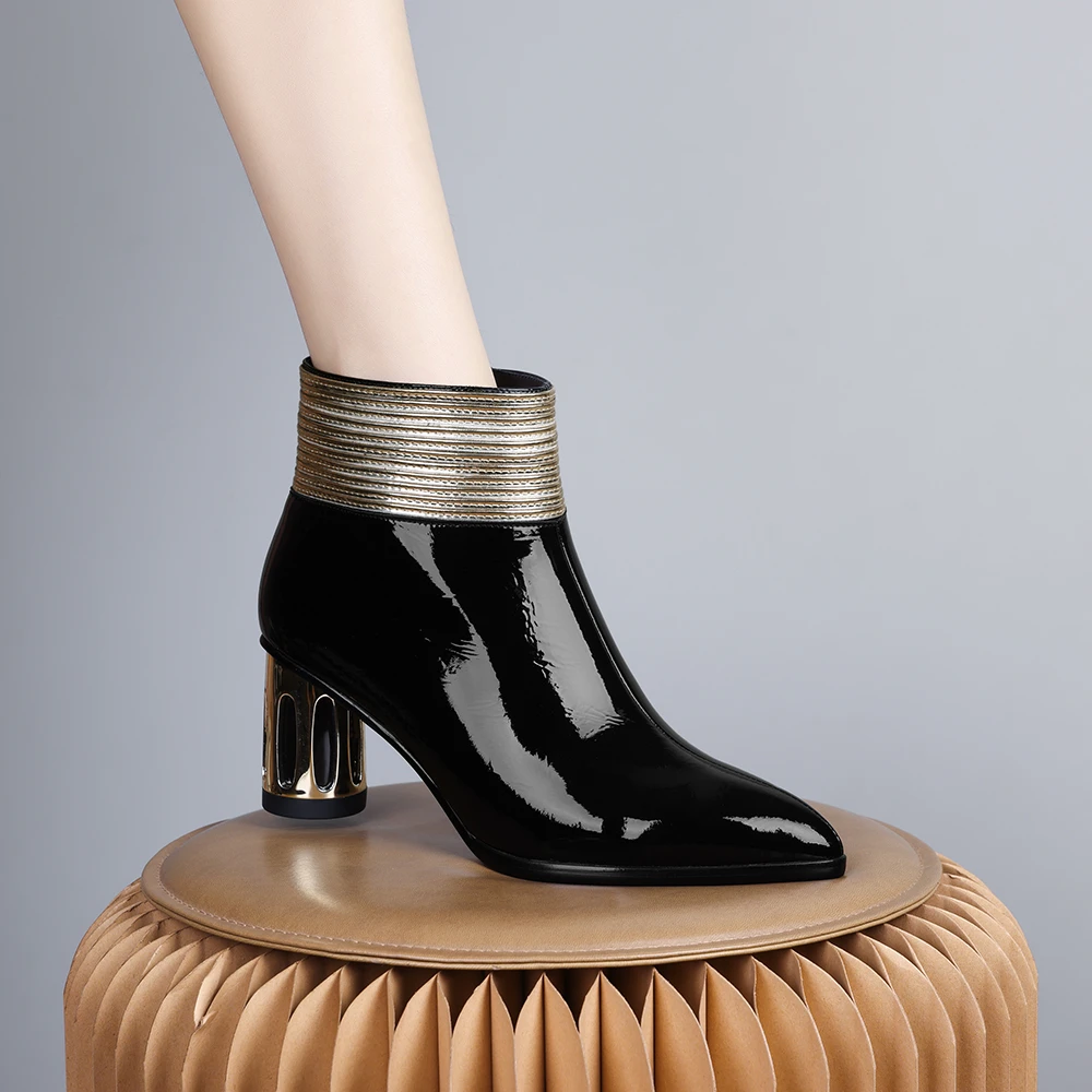 2024年新款欧美手工短靴女小众设计低跟时尚气质绒里黑色粗跟0308