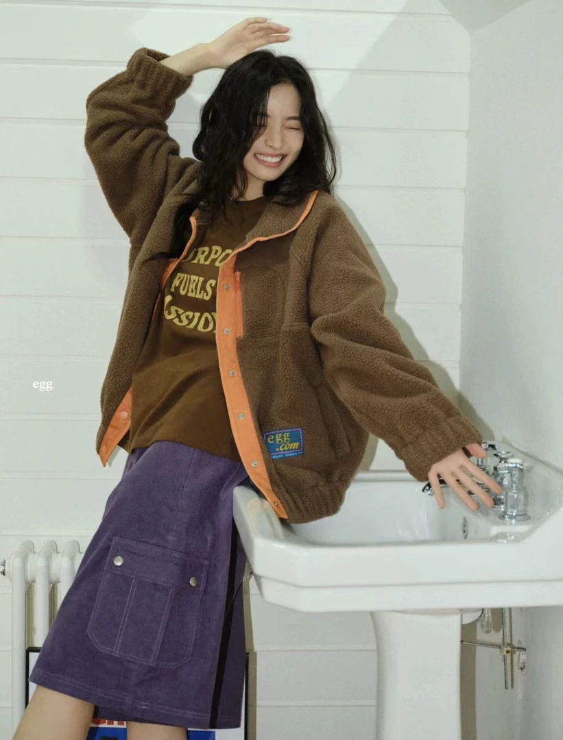 蛋蛋家趣味撞色摇粒绒休闲外套加厚保暖韩版潮流夹克外套针织时尚