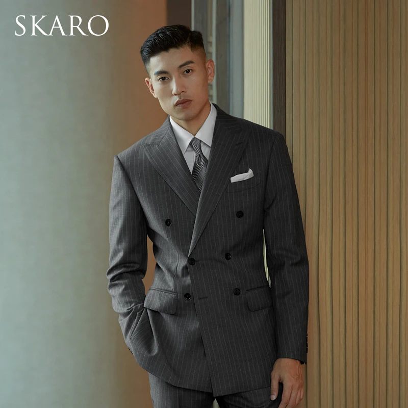 【澳洲MERINO羊毛】SKARO双排扣西装套装男商务修身灰色条纹西服