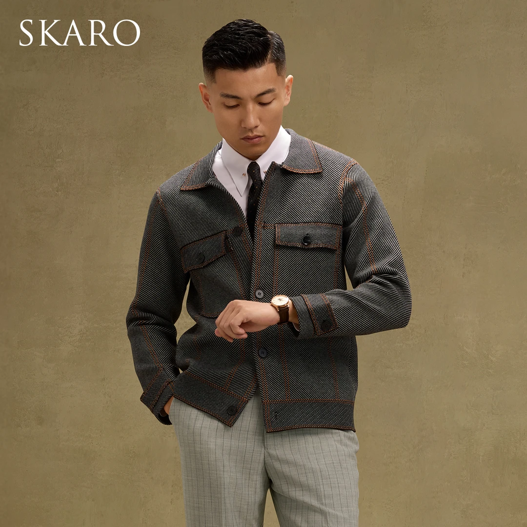 【新款】SKARO商务休闲衬衫夹克外套男秋冬短款工装翻领针织茄克