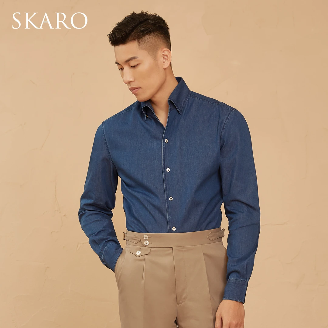 【纯棉丹宁】SKARO蓝色水洗牛仔衬衫男士商务休闲复古长袖衬衣