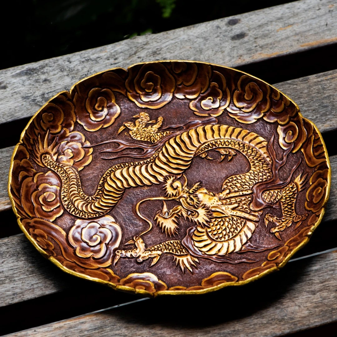 仓吉手工皮雕龙收纳盘烟斗盘醒草盘头层牛皮真皮盘子复古休闲礼物