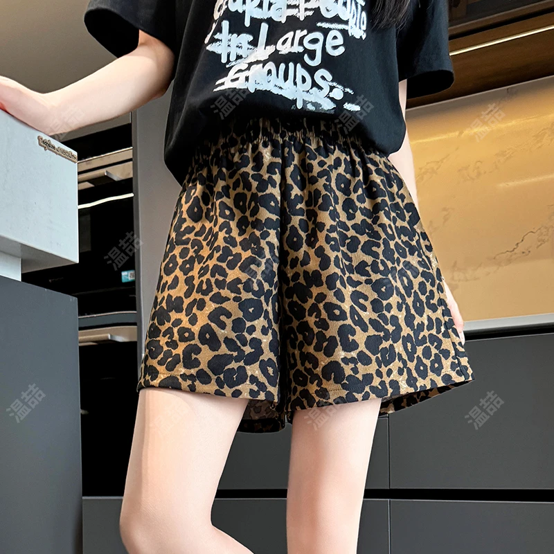 温喆夏季松紧腰薄款口袋豹纹三分裤设计感休闲百搭外穿短款阔腿裤