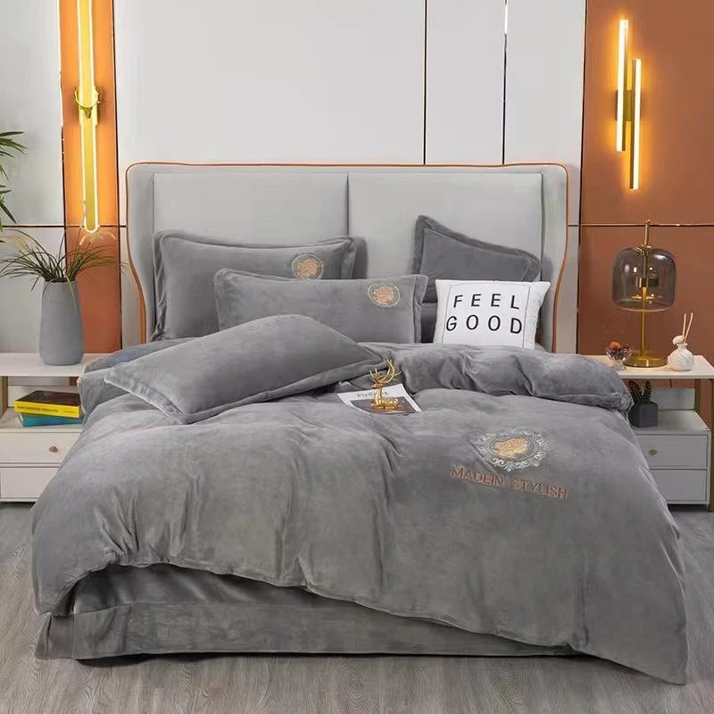 【不老的爷爷家居】单品牛奶绒轻奢小香风刺绣四件套伯爵夫人灰