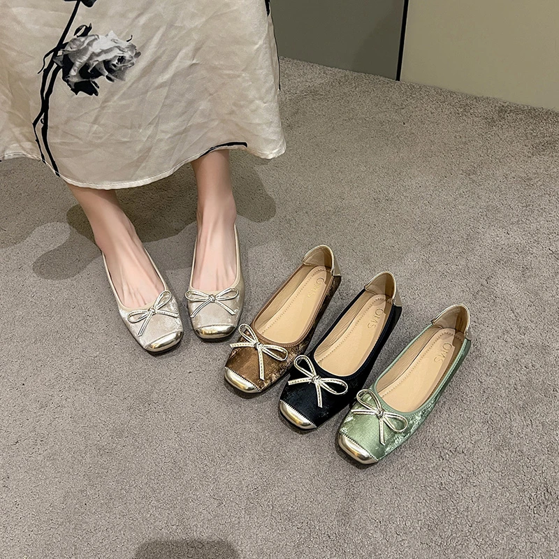 方头蝴蝶结平底鞋女单鞋2025年新款秋季百搭新中式国风芭蕾舞鞋女