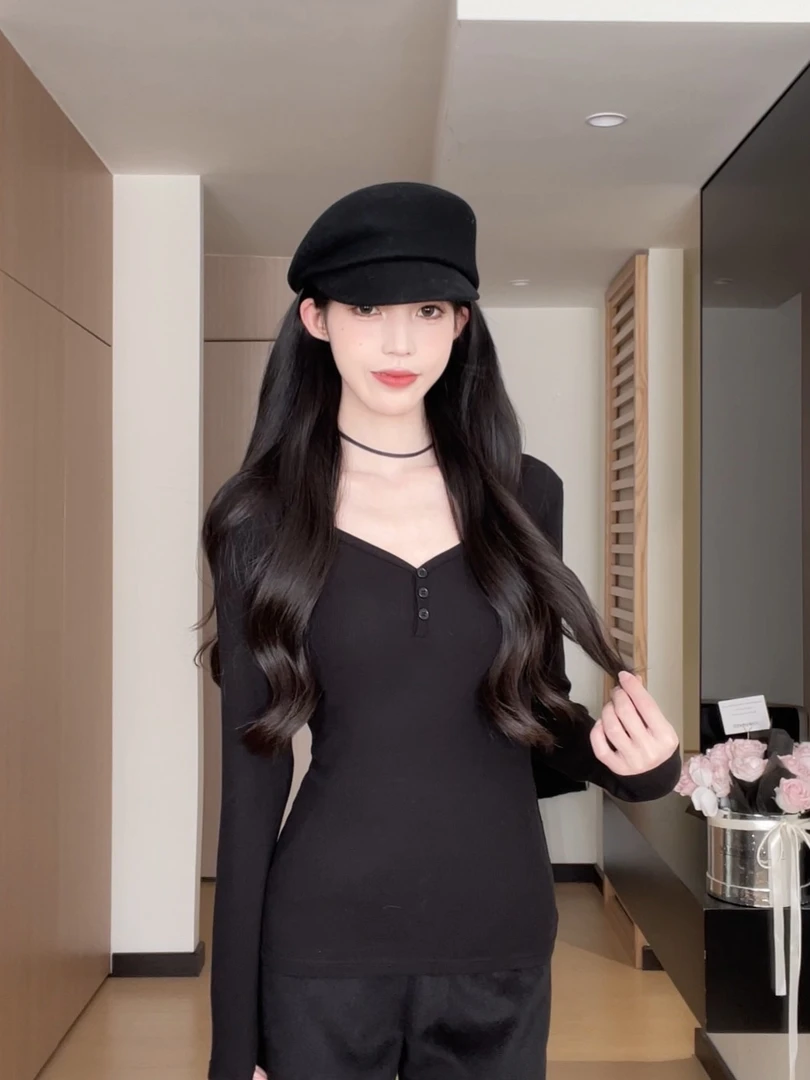 松本丧丧纯欲风修身上衣长袖针织打底衫百搭上衣秋冬B243H0274